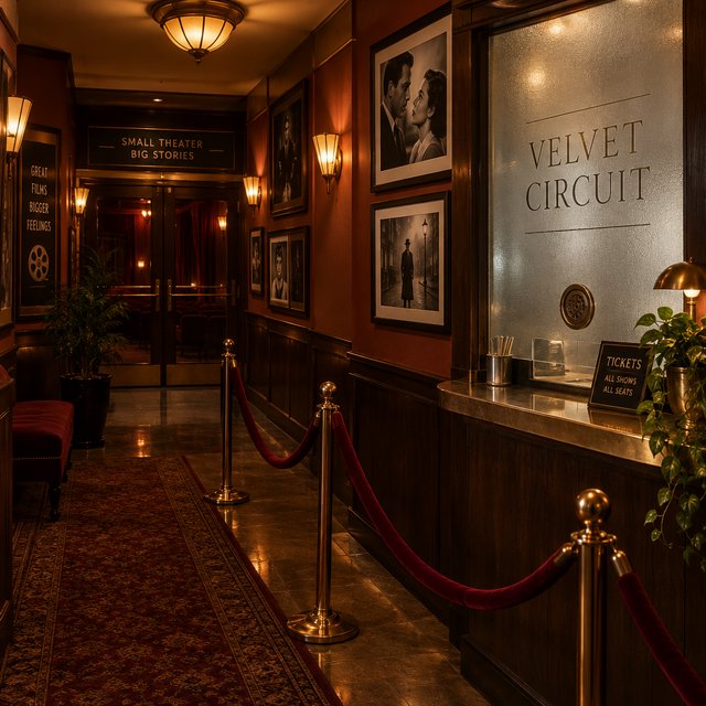 A narrow neighborhood cinema lobby glows with amber sconces, velvet ropes, and framed film stills; "VELVET CIRCUIT" is etched in elegant silver lettering across the frosted glass ticket-booth window. — GPT Image 2.5 Flare