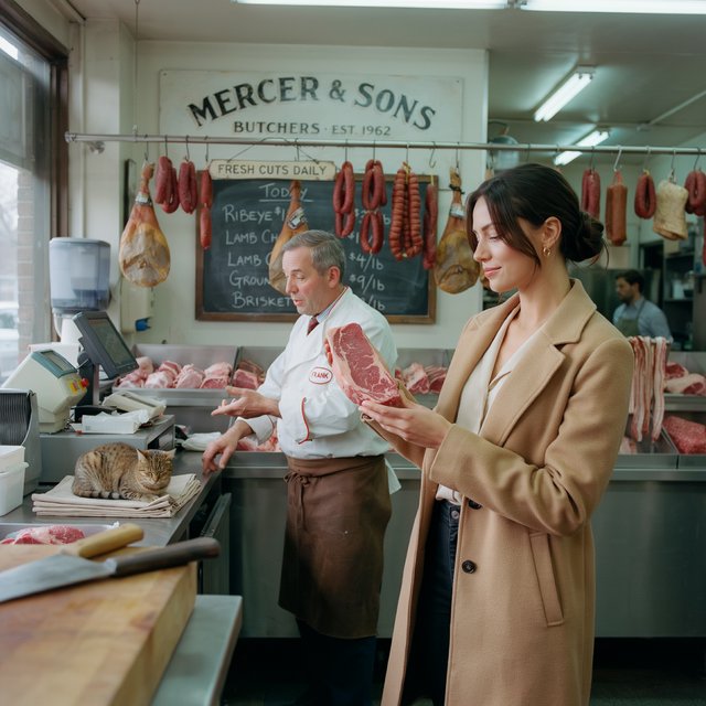 Happy glamorous woman examining meat in a butcher shop. — Ideogram v4