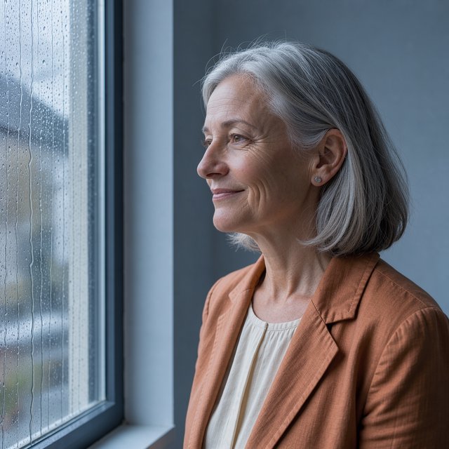 By a rain-streaked studio window, an adult woman in her early 60s turns in profile for a portrait photograph, wearing a copper-colored linen jacket over a cream cotton blouse. Her quietly amused expression rests against a muted blue-gray wall, shaped by cool, soft window light. — FLUX 3 Image