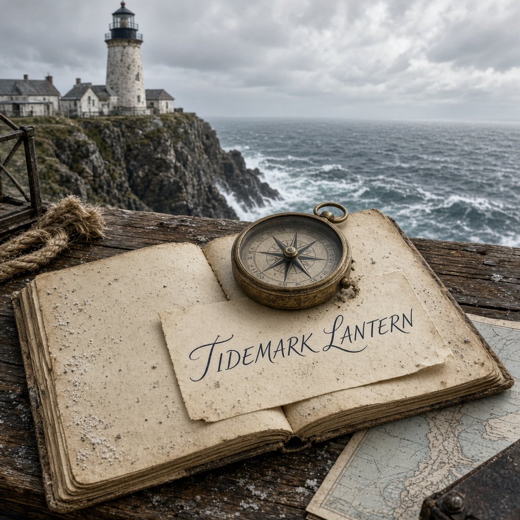 Beside a cliffside lighthouse, a salt-speckled logbook lies open on a chart table; "TIDEMARK LANTERN" is handwritten in looping dark-blue ink across a cream note tucked beneath the compass, with no other legible writing. — Grok Imagine Image 2