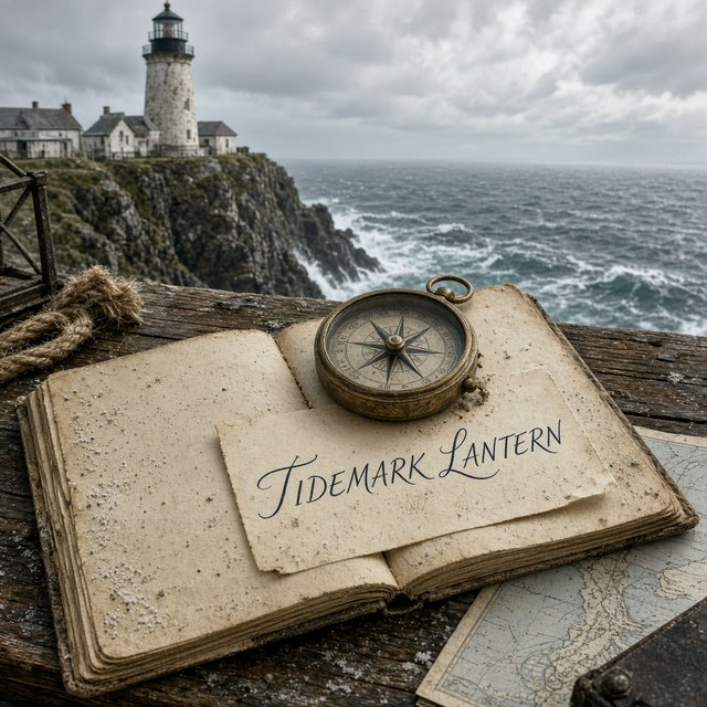 Beside a cliffside lighthouse, a salt-speckled logbook lies open on a chart table; "TIDEMARK LANTERN" is handwritten in looping dark-blue ink across a cream note tucked beneath the compass, with no other legible writing. — Grok Imagine Image 2