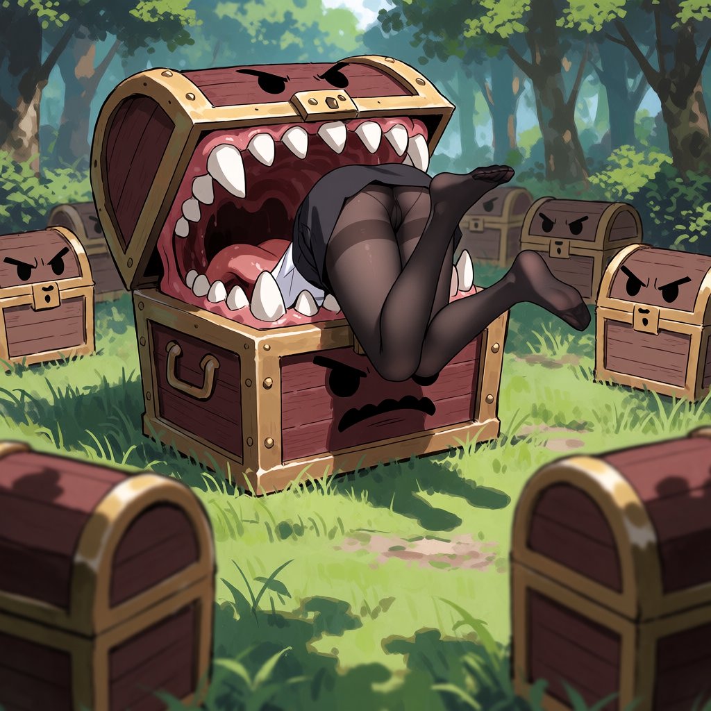 An adult swallowed by an inert mimic chest, with their legs in stockings sticking out of the chest and kicking around. A bunch of envious, cute mimic chests surround it, looking obviously jealous. — Krea 2 Medium