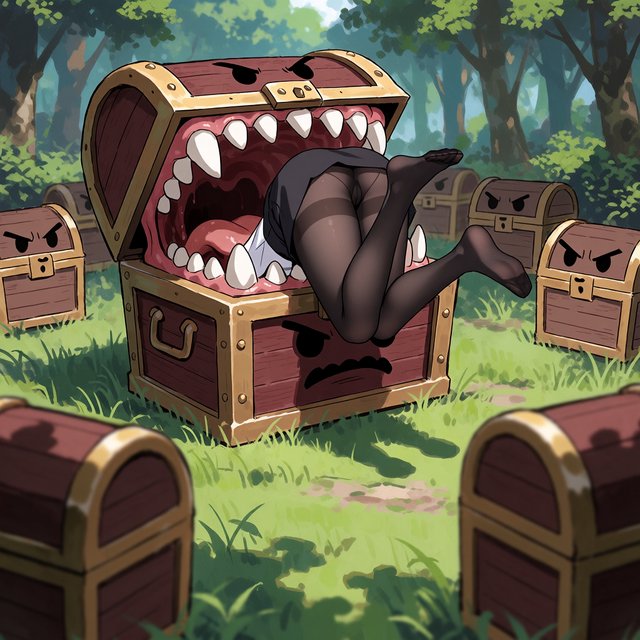 An adult swallowed by an inert mimic chest, with their legs in stockings sticking out of the chest and kicking around. A bunch of envious, cute mimic chests surround it, looking obviously jealous. — Krea 2 Medium