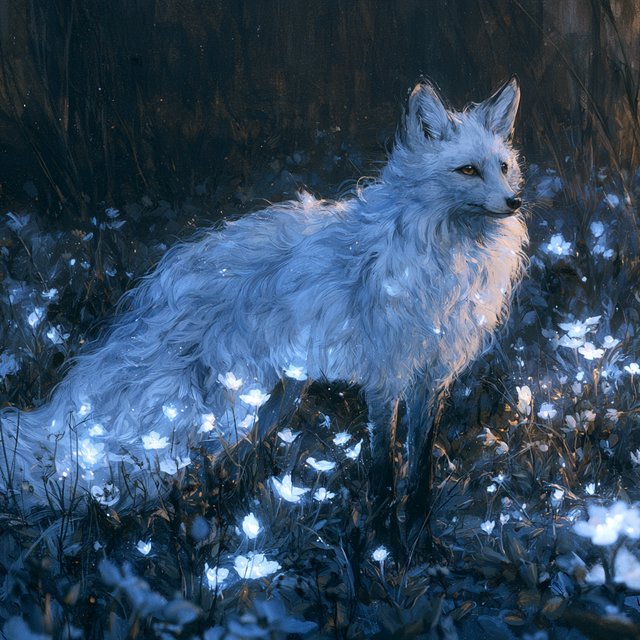 A majestic fox with fur like spun moonlight, standing in a clearing bathed in ethereal light. Bioluminescent flowers bloom around its paws, casting a soft, otherworldly glow. The scene is rendered in a detailed watercolor illustration style, with delicate brushstrokes and a muted, mystical color palette. Cinematic lighting emphasizes the magical ambiance. — Model 13