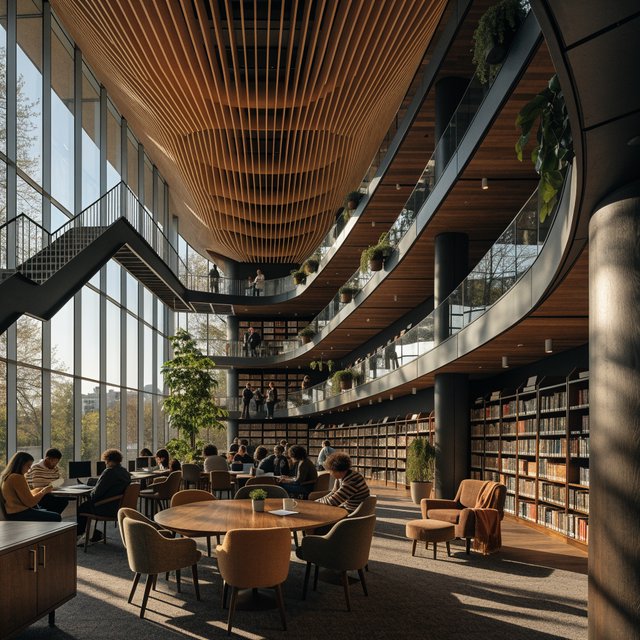 Interior of a modern public library with a three-storey atrium, timber ceiling slats, people reading, afternoon light through a glass wall. — Recraft v4