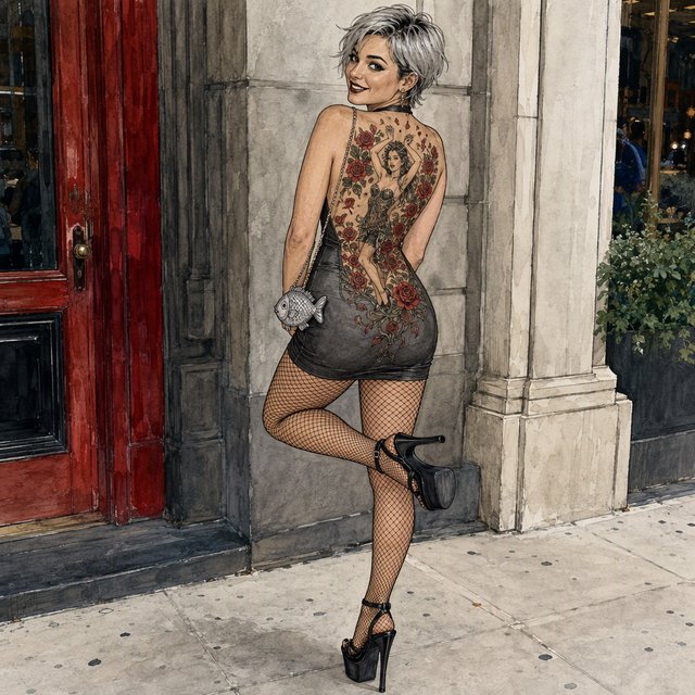 A realistic India ink illustration with crisp black lines depicting a realistic scene, anatomy, and proportions. The ink lines are colored with watercolors, while the black lines remain visible. Full-length composition. A 25-year-old woman named Mandy has a round face and short, trendy hair dyed grayish white. She wears a short, tight halter-top dress with a backless design, fishnet stockings, and high platform heels. She carries a tiny fish-shaped purse over one shoulder. She has smoky eyes and dark brown lipstick. Her entire back is covered with a huge tattoo of a dancing adult woman surrounded by a swirl of roses and rose petals. She poses for a picture in rear view, standing on one foot with the other foot raised and knee bent. She looks at us over one shoulder, making eye contact with the camera and smiling. — GPT Image 2