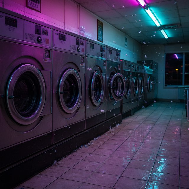 Neon washes a nearly empty overnight laundromat, reflections trembling across tiled floor and spinning steel drums. A handheld street snapshot under magenta and cyan tubes, shot at 35mm with moderate depth of field, catches lint drifting in the air. — Qwen Image 3.0 Pro
