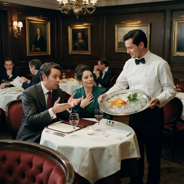 A very posh, well-lit 1990s restaurant with beautiful, tasteful decor. A husband and wife dine in a high-class restaurant. The waiter serves something very surprising as the main course! — Ideogram v4