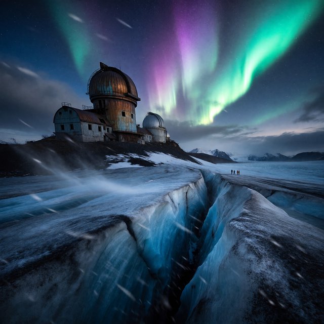 An abandoned observatory carved into a glacier, its bronze domes protruding from blue ice, aurora light filtering through crevasses, tiny adult explorers on a distant ridge emphasizing immense scale, drifting snow and deep polar shadows. — ImagineArt 1.5 Pro