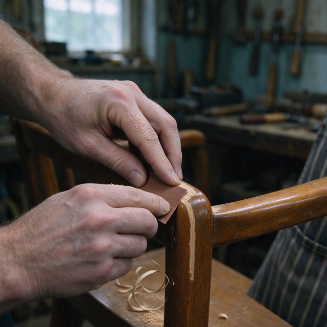 Fine curls gather beneath adult hands sanding the edge of a wooden chair in a quiet repair shed. A real-world workshop snapshot in cool skylight, using a normal lens at shallow depth of field, catches pale sawdust clinging to the knuckles. — Seedream 5.0 Flash