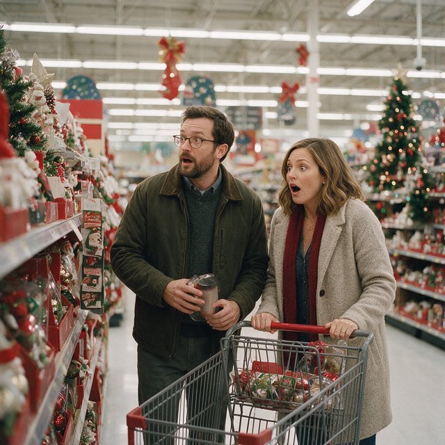 A husband and wife are shopping in a large, well-lit supermarket. They are surprised by what is for sale in the Christmas aisle. — Seedream 5.0 Pro