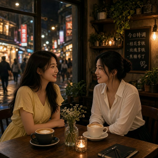 A cozy nighttime café scene featuring two young adult Chinese women seated at a table by a window. One wears a yellow dress, and the other, seated opposite her, wears a white blouse and black skirt. They are chatting warmly with each other, with two cups of coffee on the table. Outside the window, a lively shopping street glows with evening lights, creating a relaxed, intimate, and cinematic atmosphere. — Grok Imagine Image 2