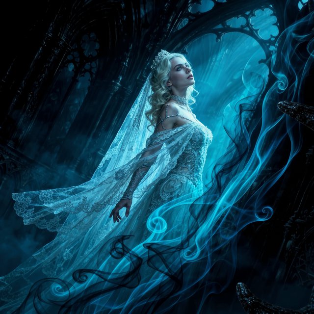 Baroque-style digital dark fantasy and cinematic Gothic horror; painterly realism, chiaroscuro à la Caravaggio; cool color palette of blues and turquoises, deep black shadows; swirling magical smoke, dynamic diagonal composition; intricate lace fabrics, detailed skin and creature textures; volumetric lighting, elegant, fluid movement; fantasy book cover illustration; dramatic storytelling, atmospheric depth. Gothic bride — Kling v3 Omni