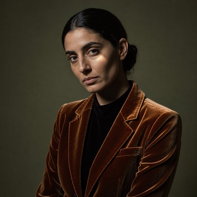 Her guarded gaze catches a solitary beam in a low-key fashion portrait: an adult woman aged 27–35 wears a rust-colored velvet blazer, the rest of her face falling into shadow against a deep olive backdrop. — FLUX 3 Image