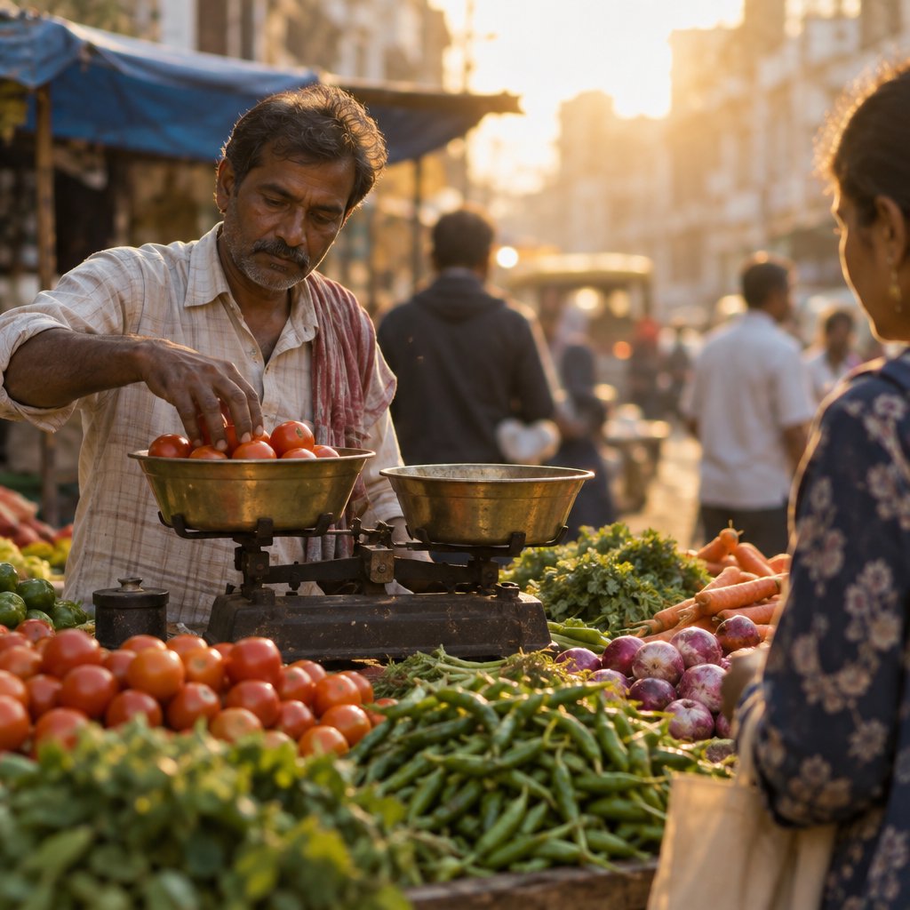 Candid street photograph of an outdoor vegetable market at golden hour, a vendor weighing tomatoes on a brass scale, shallow depth of field, 50mm lens. — GPT Image 2.5 Flare