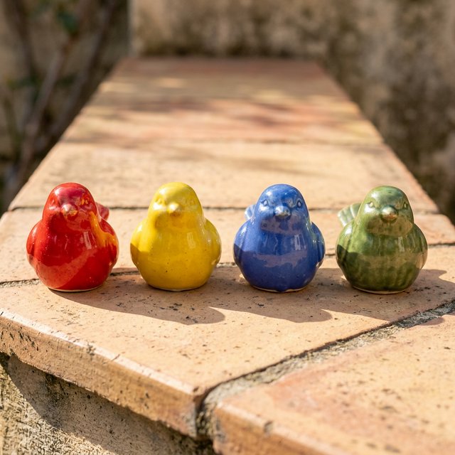 On a sunlit tiled ledge, exactly four ceramic bird figurines form a row: red at far left, yellow at left-center, blue at right-center, and green at far right; all face forward, nothing else. — Nano Banana 2.1