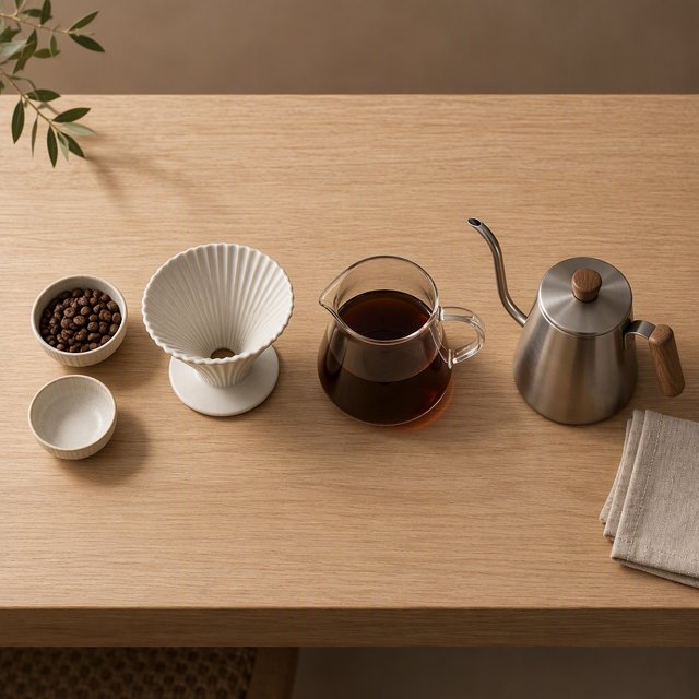 From directly overhead, an unbranded pour-over coffee set with ribbed porcelain and clear borosilicate components arranged in sequence on pale oak; warm taupe background, broad diffused softbox light and gentle side fill shape this commercial product image, no lettering. — Model 4