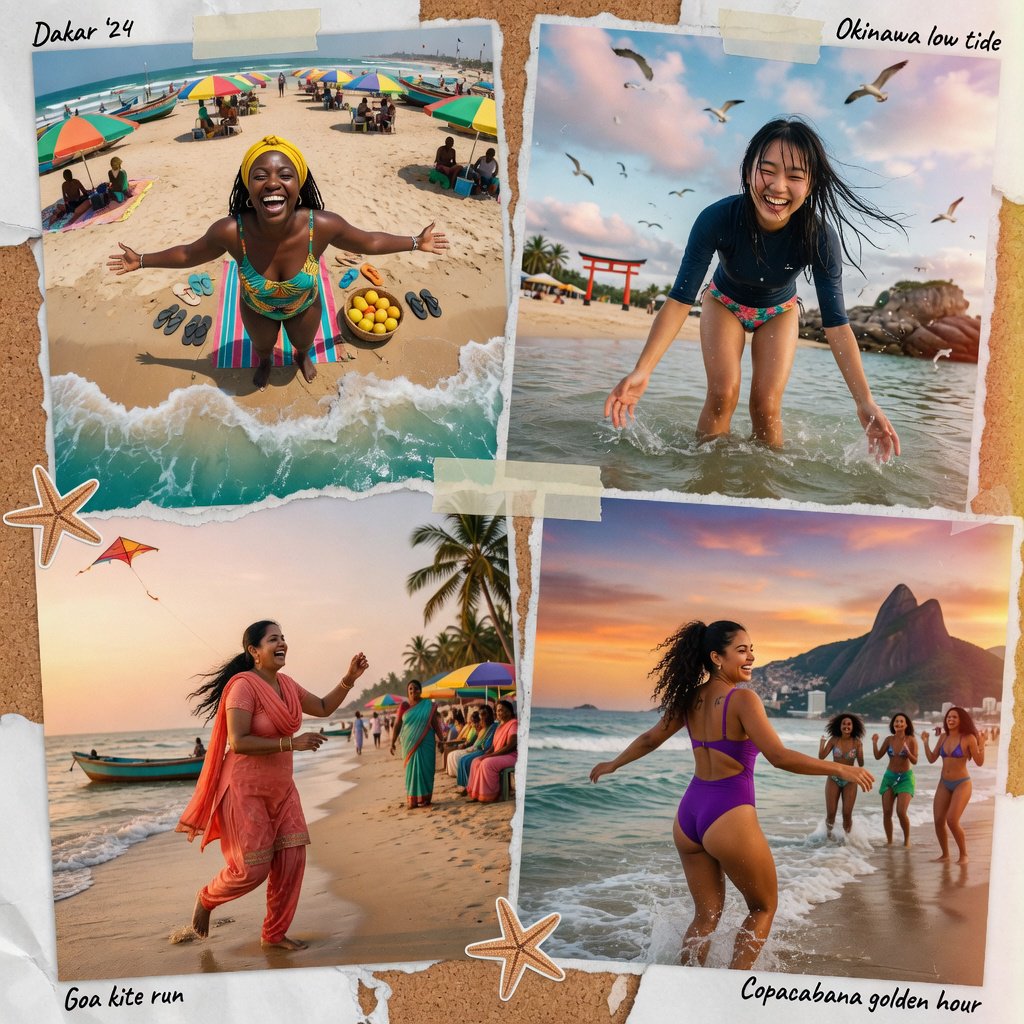 Photorealistic collage of at least four distinct beach scenes showing adult women from around the world having fun, with each scene presented from a different camera angle. — Grok Imagine Image Quality