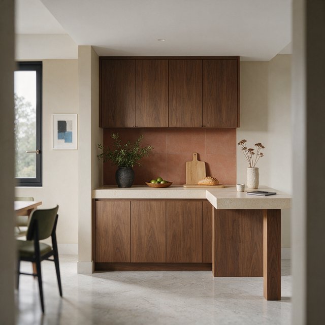 Along a galley kitchen, flat-front walnut cabinets meet pale limestone counters and a matte terracotta backsplash in restrained Scandinavian modern style; soft north-window daylight reveals the worktop from the doorway, with clean aligned lines and believable supports. — Model 20