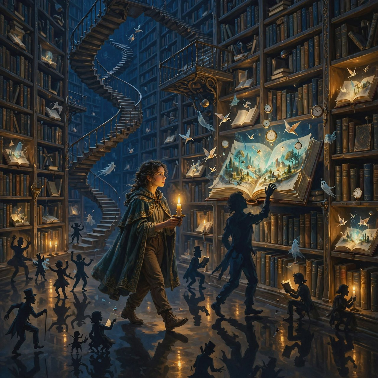 In an infinite library where floating staircases defy gravity, a young woman carries a candle through endless shelves. Her shadow has quietly detached itself from her feet and now wanders independently among the towering bookcases, secretly opening glowing books filled with forgotten memories. Each open page reveals miniature worlds: flying origami birds, drifting clocks, and tiny ghostly figures. The woman's candlelight creates impossible reflections, revealing dozens of alternative shadows with distinct personalities. Dreamlike surrealism, warm golden candlelight set against deep blue darkness, intricate details, magical realism, painterly. — Muse Image 1.0
