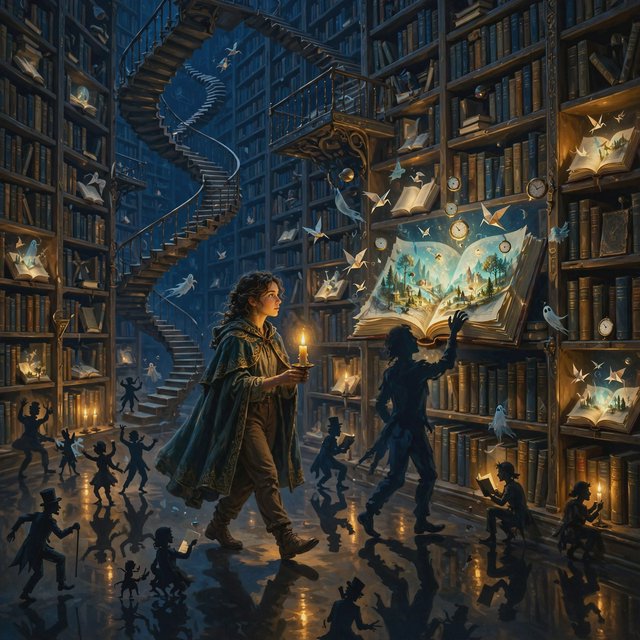 In an infinite library where floating staircases defy gravity, a young woman carries a candle through endless shelves. Her shadow has quietly detached itself from her feet and now wanders independently among the towering bookcases, secretly opening glowing books filled with forgotten memories. Each open page reveals miniature worlds: flying origami birds, drifting clocks, and tiny ghostly figures. The woman's candlelight creates impossible reflections, revealing dozens of alternative shadows with distinct personalities. Dreamlike surrealism, warm golden candlelight set against deep blue darkness, intricate details, magical realism, painterly. — Muse Image 1.0