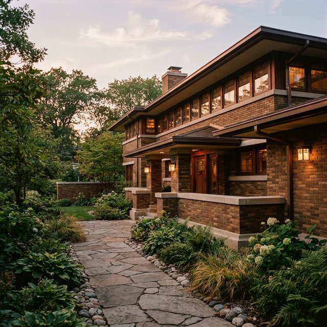 Exterior of a Prairie School residence with broad overhanging eaves, warm brick, limestone courses, and ribbon windows; amber evening light grazes the facade, viewed obliquely from a garden path, with disciplined horizontal lines and credible structure. — Nano Banana 2 Lite