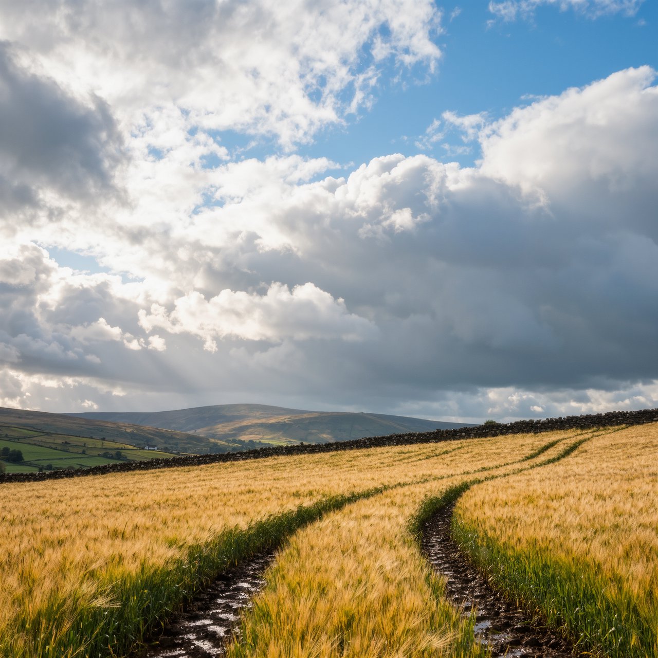 Golden barley fields ripple beneath a vast sky as a cool morning breeze follows overnight showers; muddy tractor furrows glisten in the foreground, guiding the eye past a weathered stone boundary toward low hills under broken clouds. — Kling v3 Omni