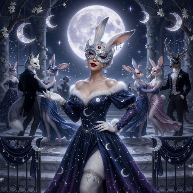 Create the most glamorous and mysterious midnight masked-ball scene, where various alluring anthropomorphic animals, such as foxes, deer, and rabbits, pose and dance under the moon. They wear moon-themed masks. In the middle foreground stands the most exquisite, alluring human-rabbit hybrid, with long white rabbit ears, a pulchritudinous East Asian face, an hourglass figure, rabbit-fur features, and human skin blended aesthetically. She wears the most exquisite silk dress with moon patterns and cross-star embroidery. She poses in a beckoning gesture, inviting the viewer to be her dance partner at the masquerade. No speech. — Grok Imagine Image Quality