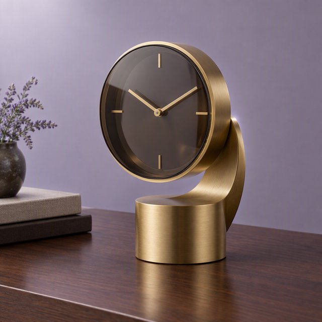 Commercial product photograph of an unbranded sculptural table clock made from satin brass and smoked glass, resting on a dark walnut surface against a muted lavender background, illuminated by a large diffused softbox from the upper left and a subtle rear rim light. — GPT Image 2.5 Flare