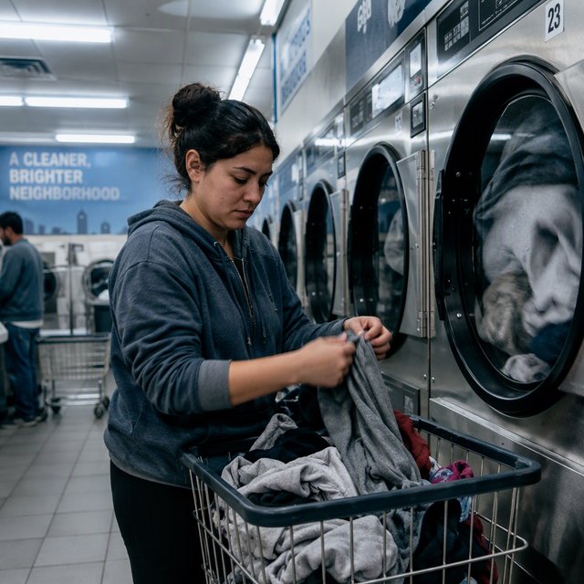 Candid documentary photograph of an adult sorting laundry in a neighborhood laundromat, cool fluorescent light, 35mm lens with moderate depth of field, lint specks floating near a tumbling dryer door. — GPT Image 2.5 Sunburst