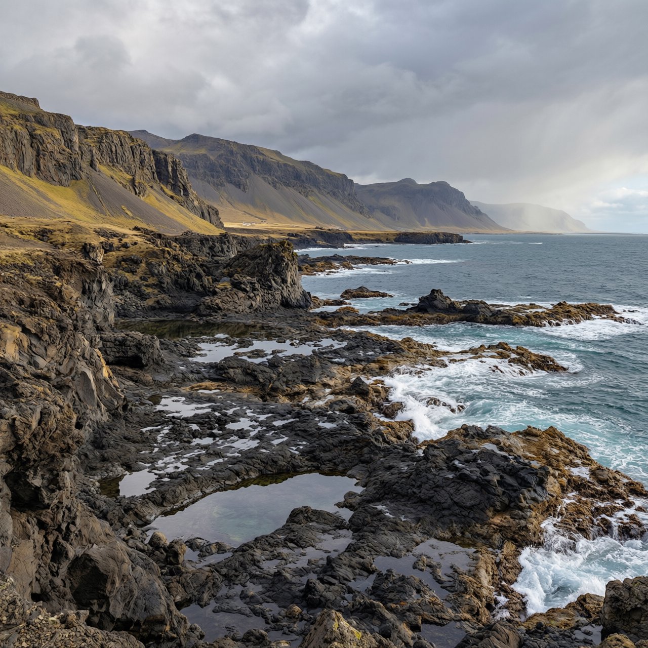A rugged volcanic coastline under clearing storm clouds at late afternoon, black basalt shelves descending into turquoise surf, sea spray clinging to jagged rocks, tide pools reflecting distant cliffs and layered mountains fading into rain haze. — Qwen Image 3.0 Pro