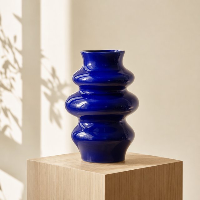 Commercial product photograph of an unbranded sculptural ceramic vase, formed from glossy cobalt porcelain, standing on a pale oak pedestal against a warm ivory background, illuminated by soft directional daylight and subtle fill. — GPT Image 2
