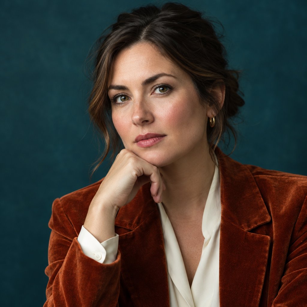 Portrait of an adult woman in her 30s wearing a rust-colored velvet jacket over an ivory blouse, one hand resting beneath her chin, thoughtful expression, deep teal studio backdrop, soft side lighting and gentle cheek highlights. — GPT Image 2.5 Flare