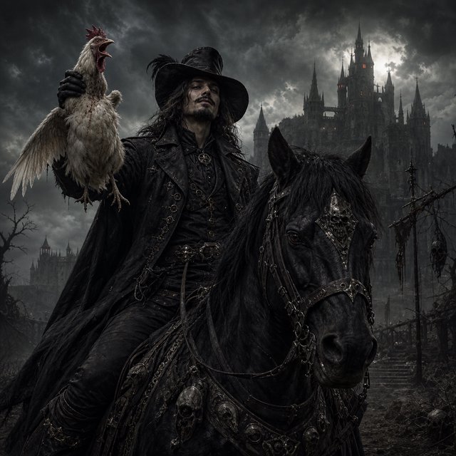 A man riding a horse, holding a screaming chicken, in dark gothic fantasy. — Model 1