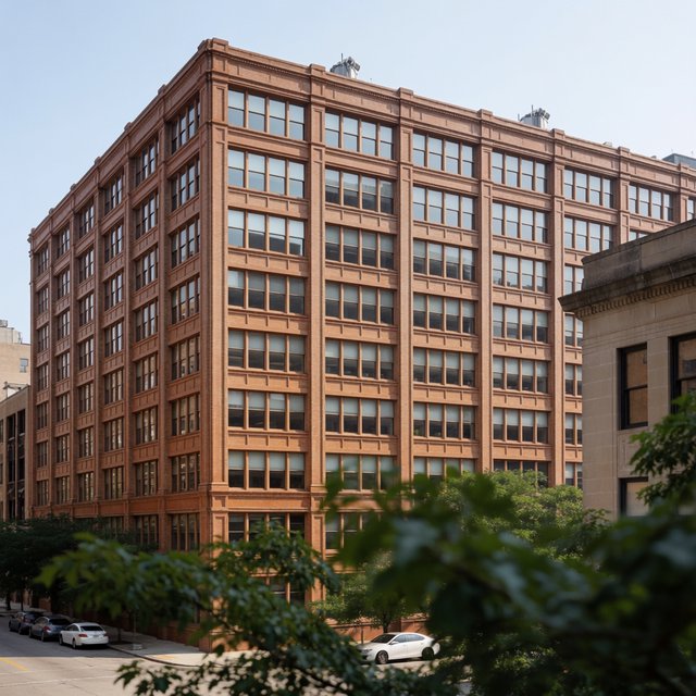 Exterior of a Chicago School office tower, with a visible steel-frame grid, warm terra-cotta cladding, broad rectangular windows, and a flat roofline; clear afternoon light, viewed from across a city street, with precise verticals and believable construction. — Krea 2 Medium