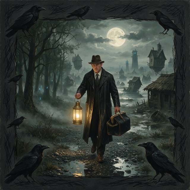 Walking in a dream, with ravens scribbled along the edges, a doctor on a house call — Seedream 5.0 Pro