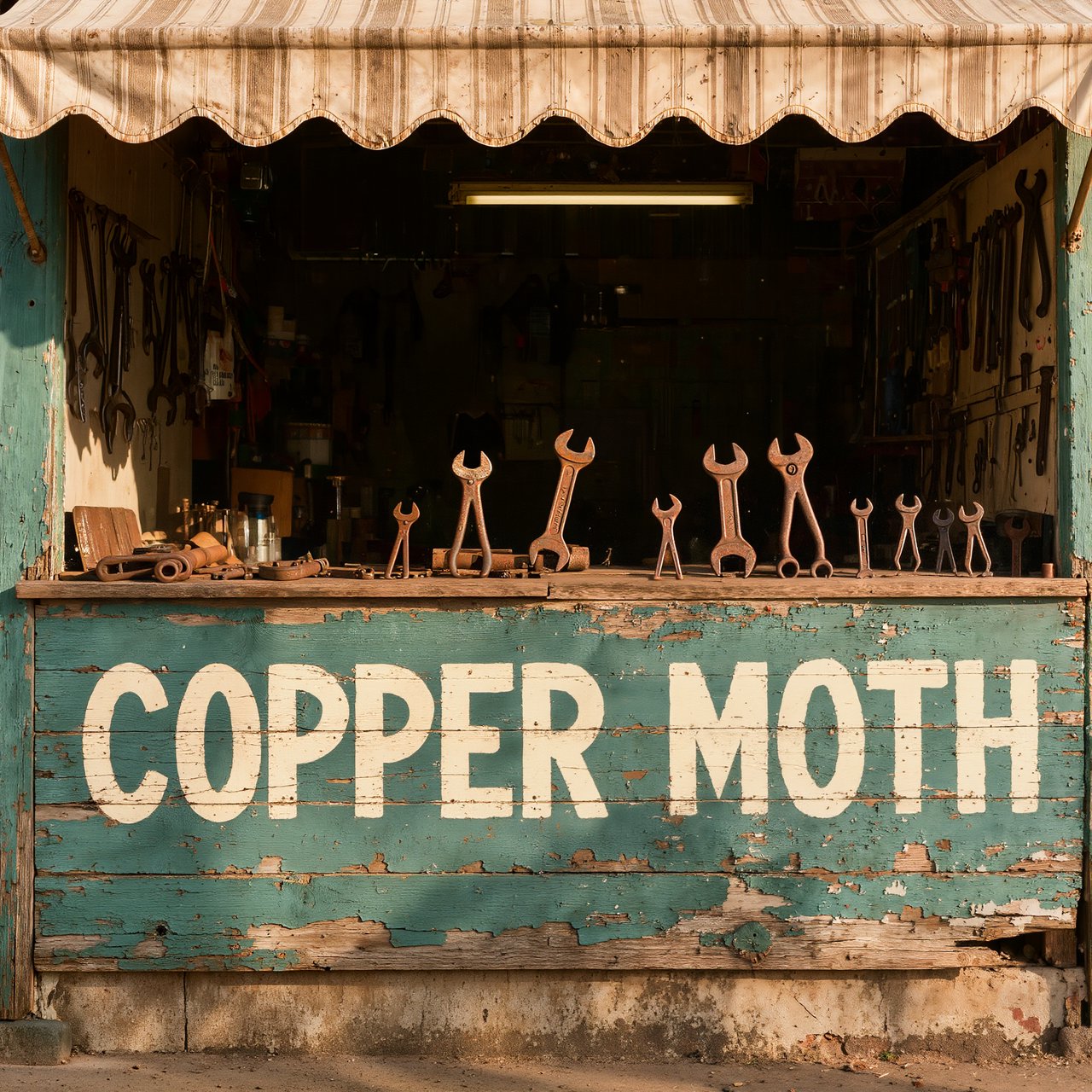 An old roadside bicycle workshop beneath a faded striped awning, rusted tools displayed in the window, with "COPPER MOTH" painted in cream block letters across the weathered wooden fascia, afternoon sunlight catching peeling turquoise paint. — Kling v3