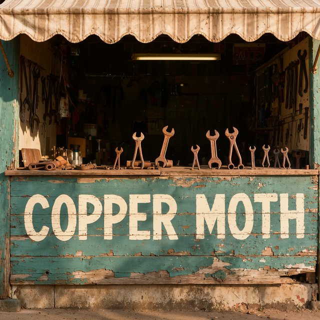An old roadside bicycle workshop beneath a faded striped awning, rusted tools displayed in the window, with "COPPER MOTH" painted in cream block letters across the weathered wooden fascia, afternoon sunlight catching peeling turquoise paint. — Kling v3