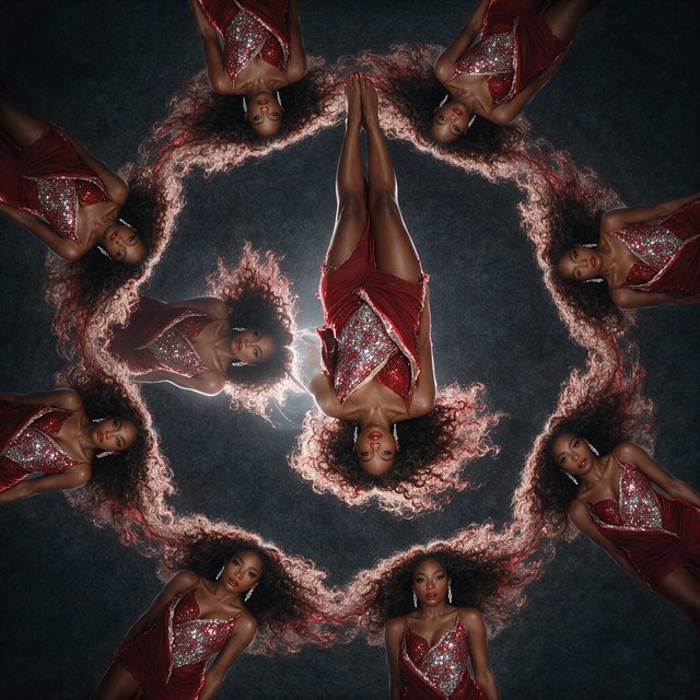 Image of a pop-dance African-American diva. The woman hangs completely inverted in mid-air, head pointing toward the floor and legs toward the ceiling. Her huge hair falls and spreads dramatically in the opposite direction, while her expression remains cool and composed. Her red gown is turned inside out, exposing its sparkling lining, seams, and construction. To push the surrealism further, a second, reversed version of her silhouette appears to peel outward from her original form, like a three-dimensional reflection escaping its owner. Multiple copies of the woman circle around a central point, each rotated to a different angle. Their flowing hair and red gowns form a pinwheel or circular vortex, creating the impression that one woman is spinning endlessly around herself. — Seedream 5.0 Pro