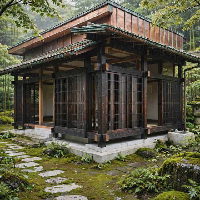 Exterior of a Kyoto-inspired contemporary teahouse in restrained Japanese timber architecture, charred cedar screens, pale granite, and a copper-clad roof; soft rain-bright afternoon light, viewed obliquely from a moss garden path, precise joinery and credible structure. — Muse Image 1.0
