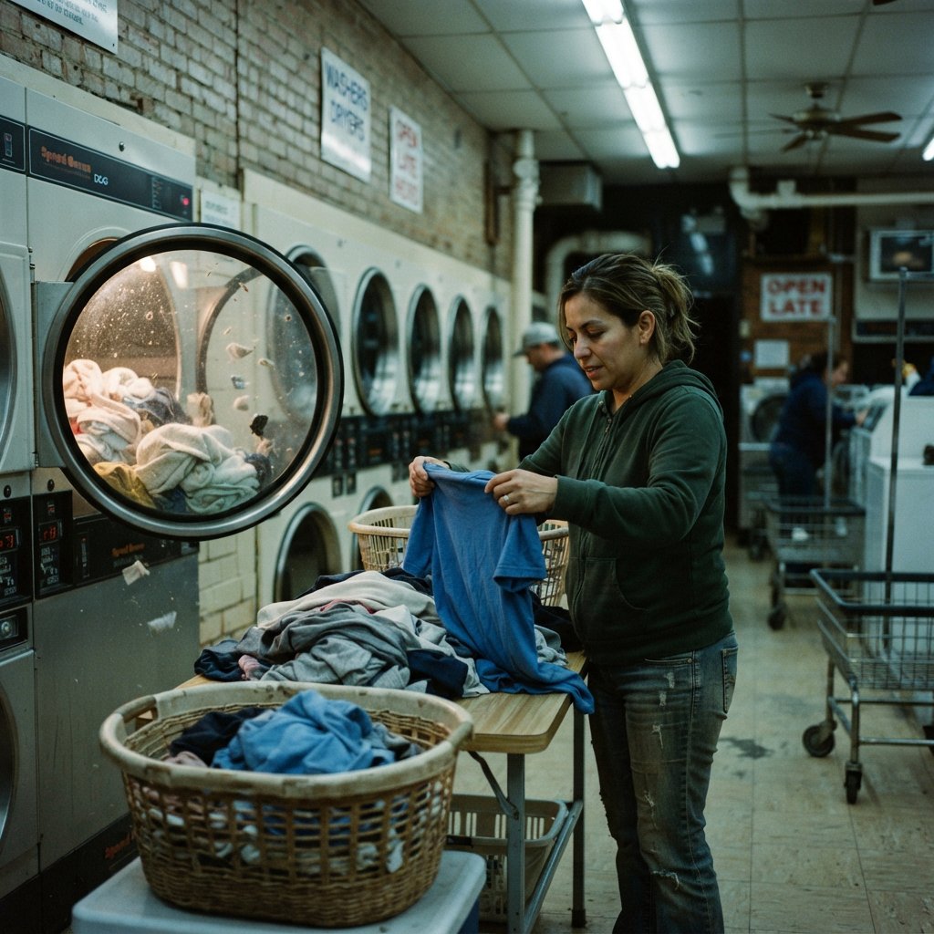 Candid documentary photograph of an adult sorting laundry in a neighborhood laundromat, cool fluorescent light, 35mm lens with moderate depth of field, lint specks floating near a tumbling dryer door. — Nano Banana 2 Lite