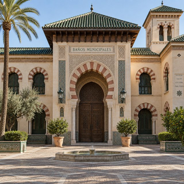 Exterior of a Moorish Revival municipal bathhouse, pale buff stucco, striped brick arches, green glazed tile roof and carved cedar doors; clear morning light, viewed across a paved courtyard, with coherent structure and crisp lines. — GPT Image 2.5 Sunburst