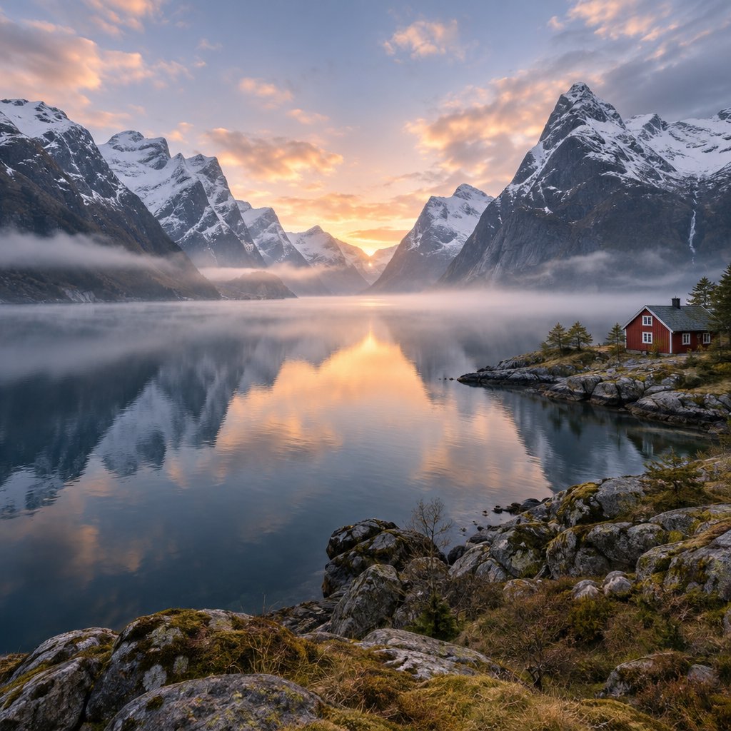 A Norwegian fjord at dawn, mist over still water, a single red cabin on the shore, snow on the peaks, wide angle. — GPT Image 2.5 Sunburst