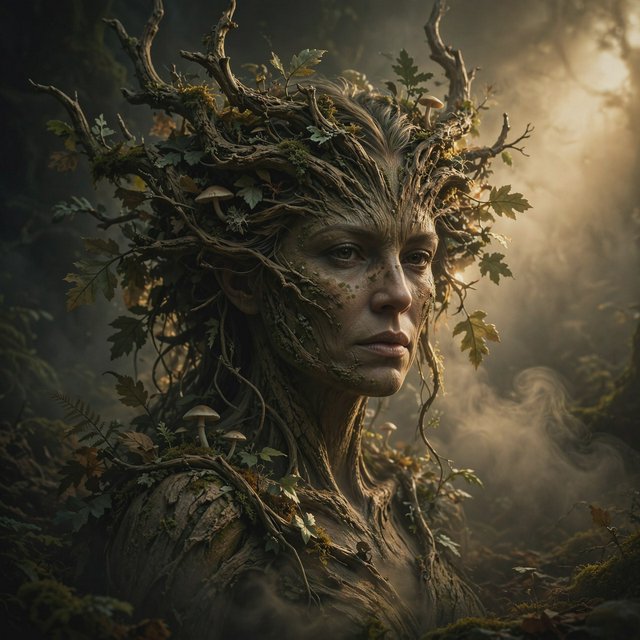 fantasy aesthetic, volumetric fog, chiaroscuro lighting, subsurface scattering, sculptural realism, an epic adult dryad. — Muse Image 1.0