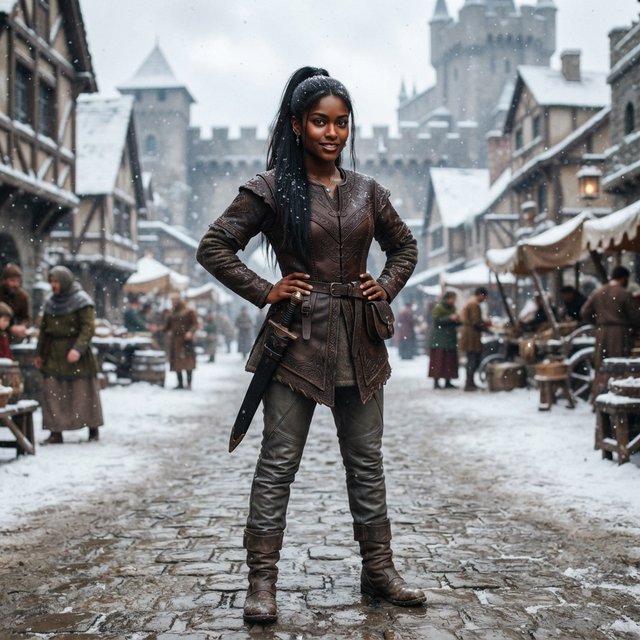 An eighteen-year-old woman. She has long straight black hair tied up, brown eyes, and dark skin. She is wearing a dark leather tunic, grey leather pants, and leather boots. She has a sheathed dagger on her hip, standing with her hands on her hips and looking at the viewer. She is standing in a snowy medieval city. — Model 16