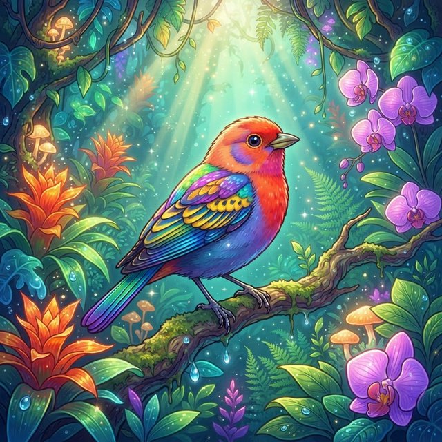 Create a vibrant digital artwork with clean lines depicting a small, colorful bird in the jungle. Combine rich, warm tones—such as soft orange, bold red, and dynamic yellow—with cool colors like brilliant blue, emerald green, and radiant violet. The atmosphere should feel fairytale-like, enhanced by striking lighting that underscores the scene's magic. Use bright, bold colors harmoniously to create a balanced composition. The overall style should be imaginative and captivating, transporting the viewer to another world. — Nano Banana 2 Lite