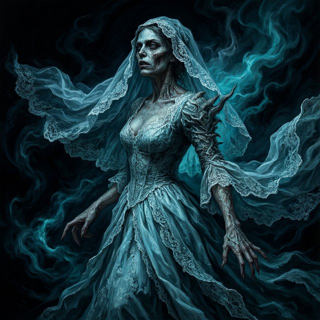 Baroque-style digital dark fantasy and cinematic Gothic horror; painterly realism, chiaroscuro à la Caravaggio; cool color palette of blues and turquoises, deep black shadows; swirling magical smoke, dynamic diagonal composition; intricate lace fabrics, detailed skin and creature textures; volumetric lighting, elegant, fluid movement; fantasy book cover illustration; dramatic storytelling, atmospheric depth. Gothic bride — Qwen Image 3.0 Pro