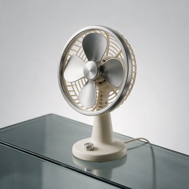 Commercial product photograph of an unbranded desktop fan made from brushed aluminum and matte ivory polymer, resting on a smoked glass surface against a pale gray background, illuminated by broad diffused studio light and a soft rear rim light. — Seedream 5.0 Pro