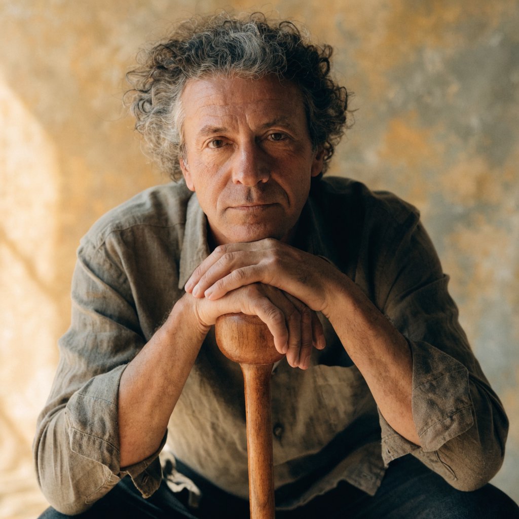 Portrait photograph of an adult man in his 40s with silver-streaked hair, wearing a textured olive linen shirt and rolled sleeves, hands resting on a wooden cane, relaxed expression, ochre plaster backdrop, soft window light from the side. — Recraft v4