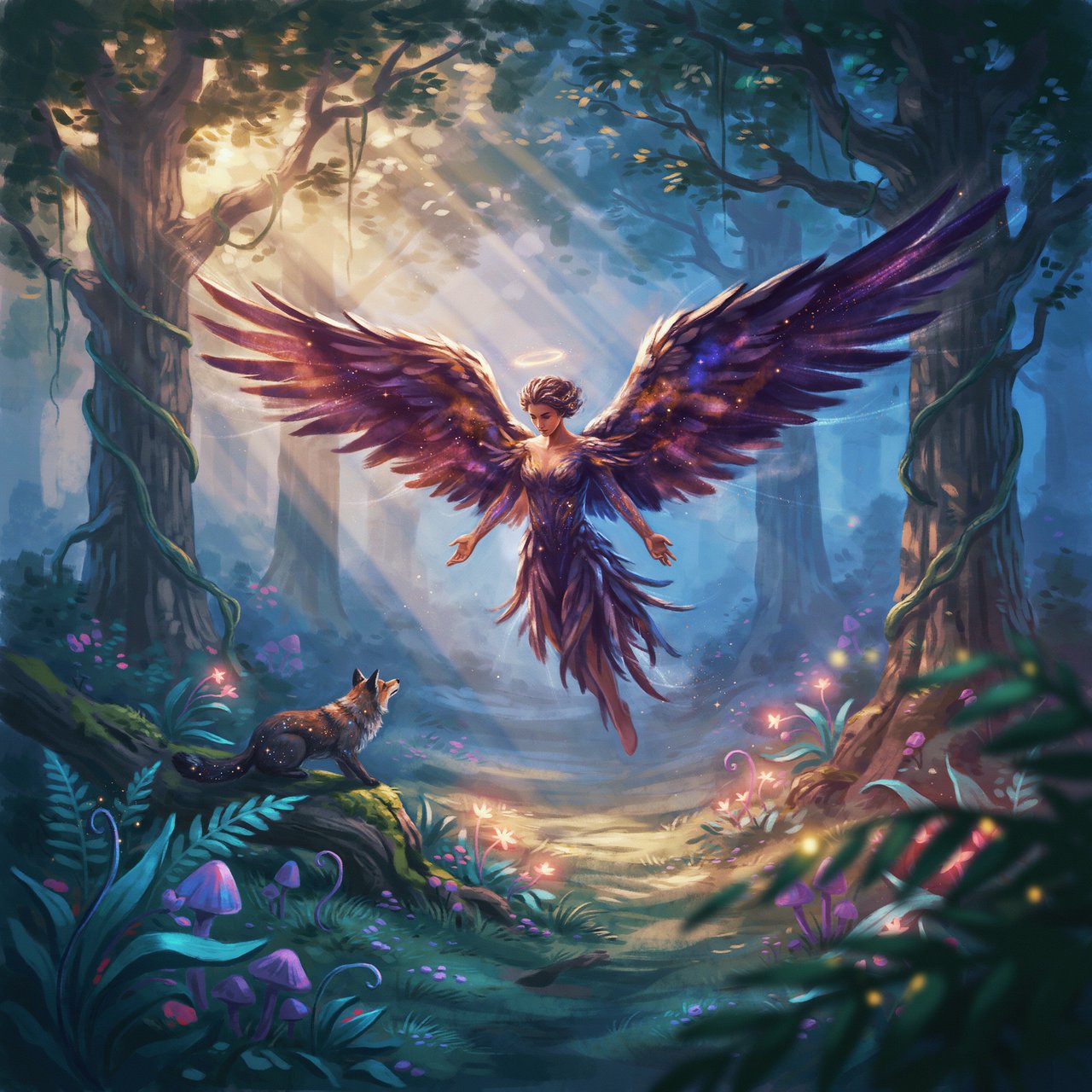 A lone angel with feathered wings, composed of swirling cosmic dust and nebulae, descends into a quiet, enchanted forest. Sunlight filters through the ancient canopy, illuminating wisps of mist and the vibrant, otherworldly plants below. The style is a fusion of hyper-detailed fantasy illustration and soft watercolor techniques, with the polished finish of concept art. — Ideogram v4